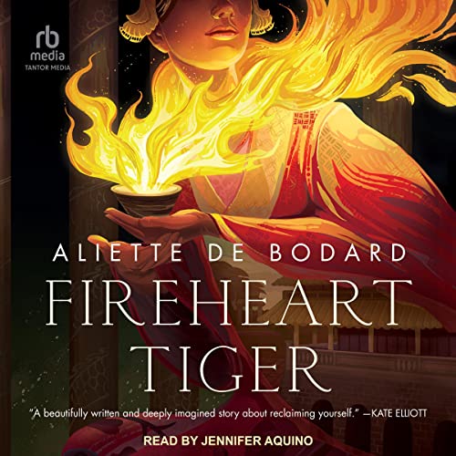 A woman holds a bowl filled with fire behind the words Fireheart Tiger 