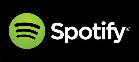 A green circle with three downward facing curved lines inside beside the word Spotify 